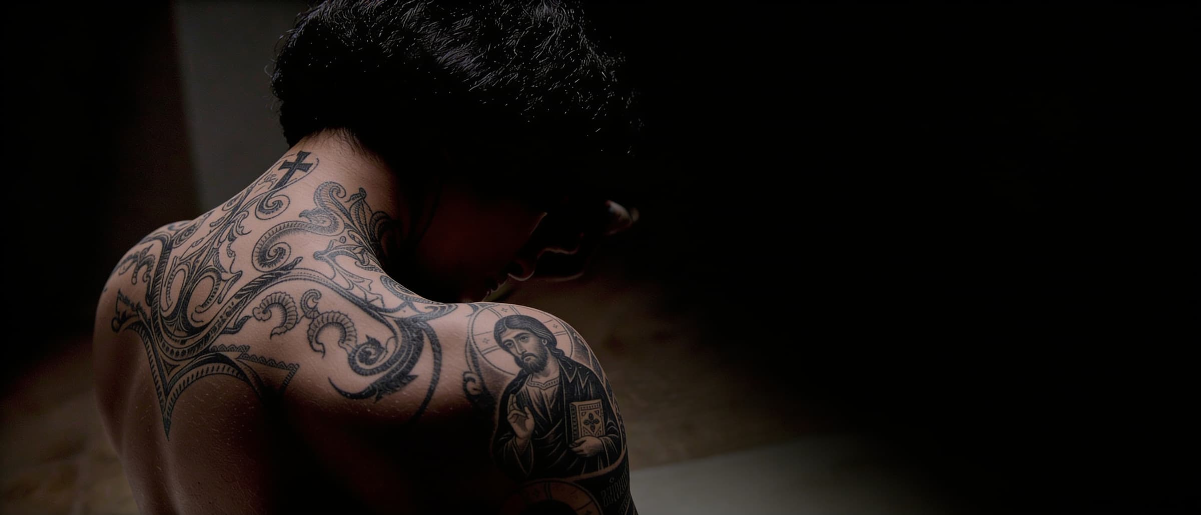 Detailed blackwork back tattoo by Vaskoz, Protaras